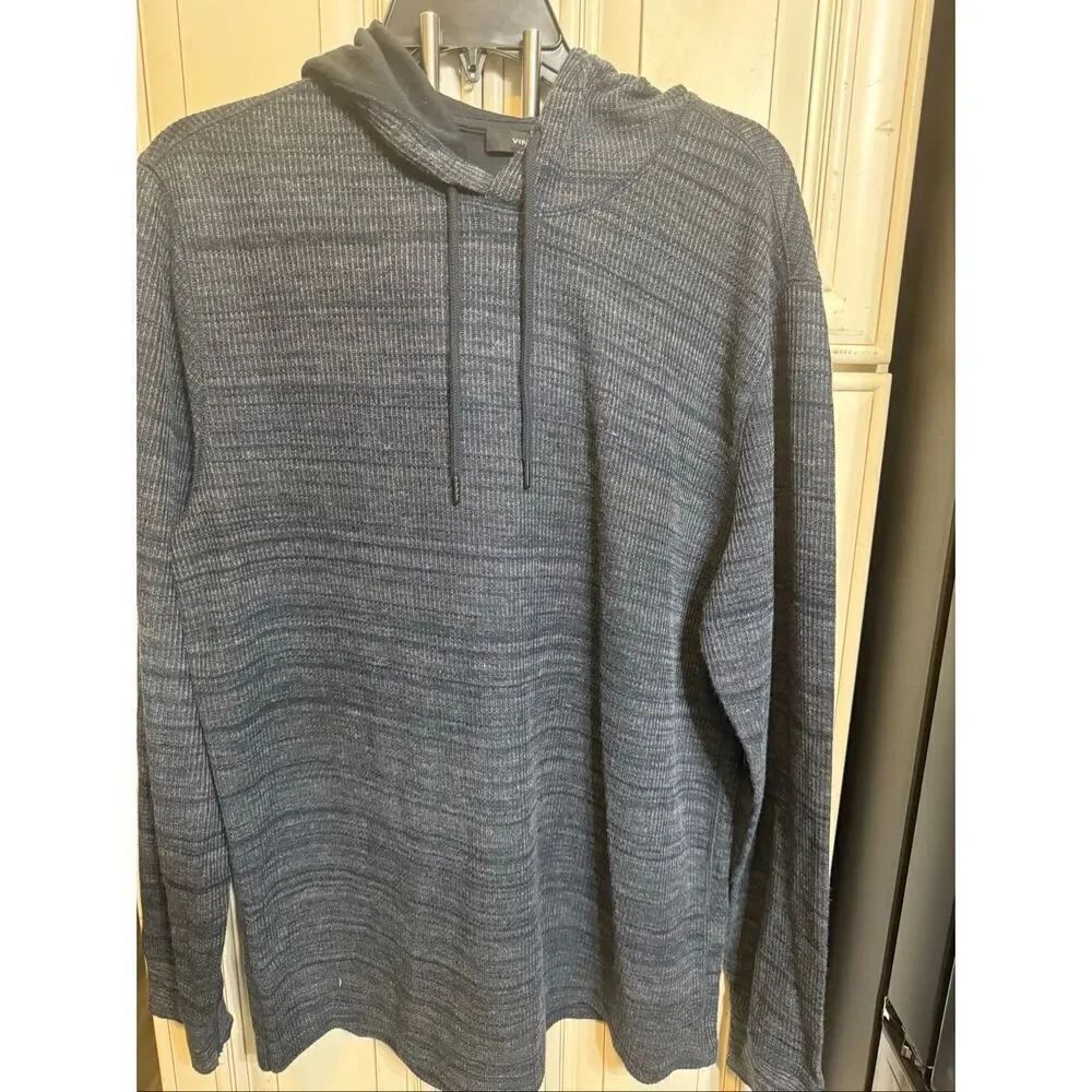 Vince Men's Striped Textured Knit Pullover Thermal Hoodie Black Blue Large